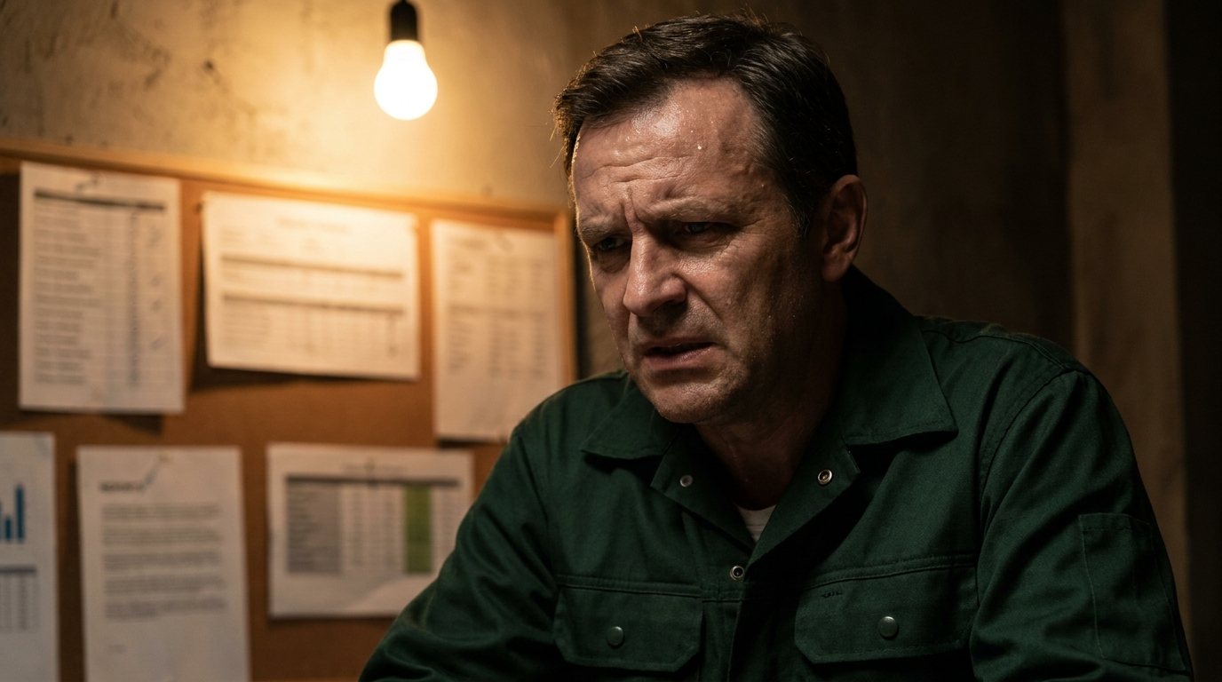 A worried inspector under a dramatic light in front of a wall of checklists