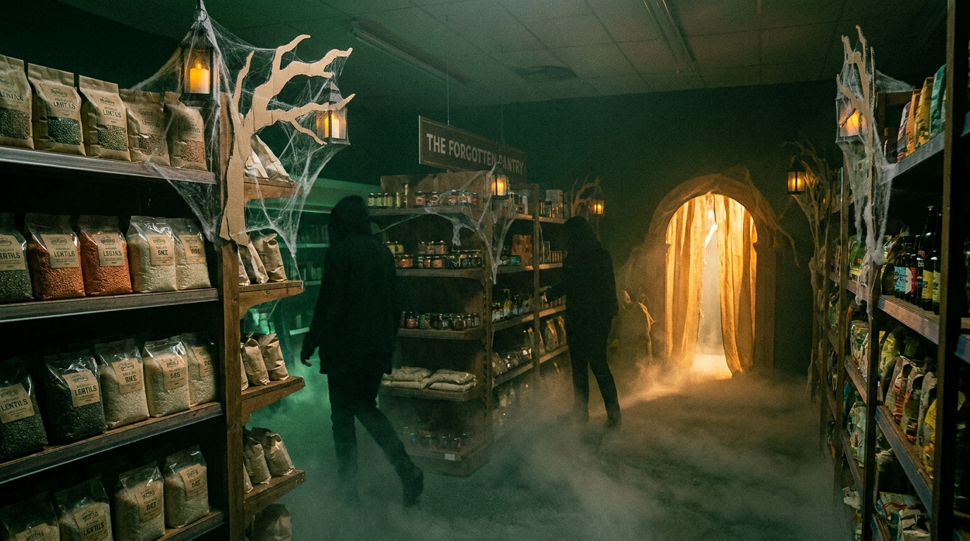 A foggy dimly lit supermarket aisle staged as a haunted walkthrough with a glowing reveal zone