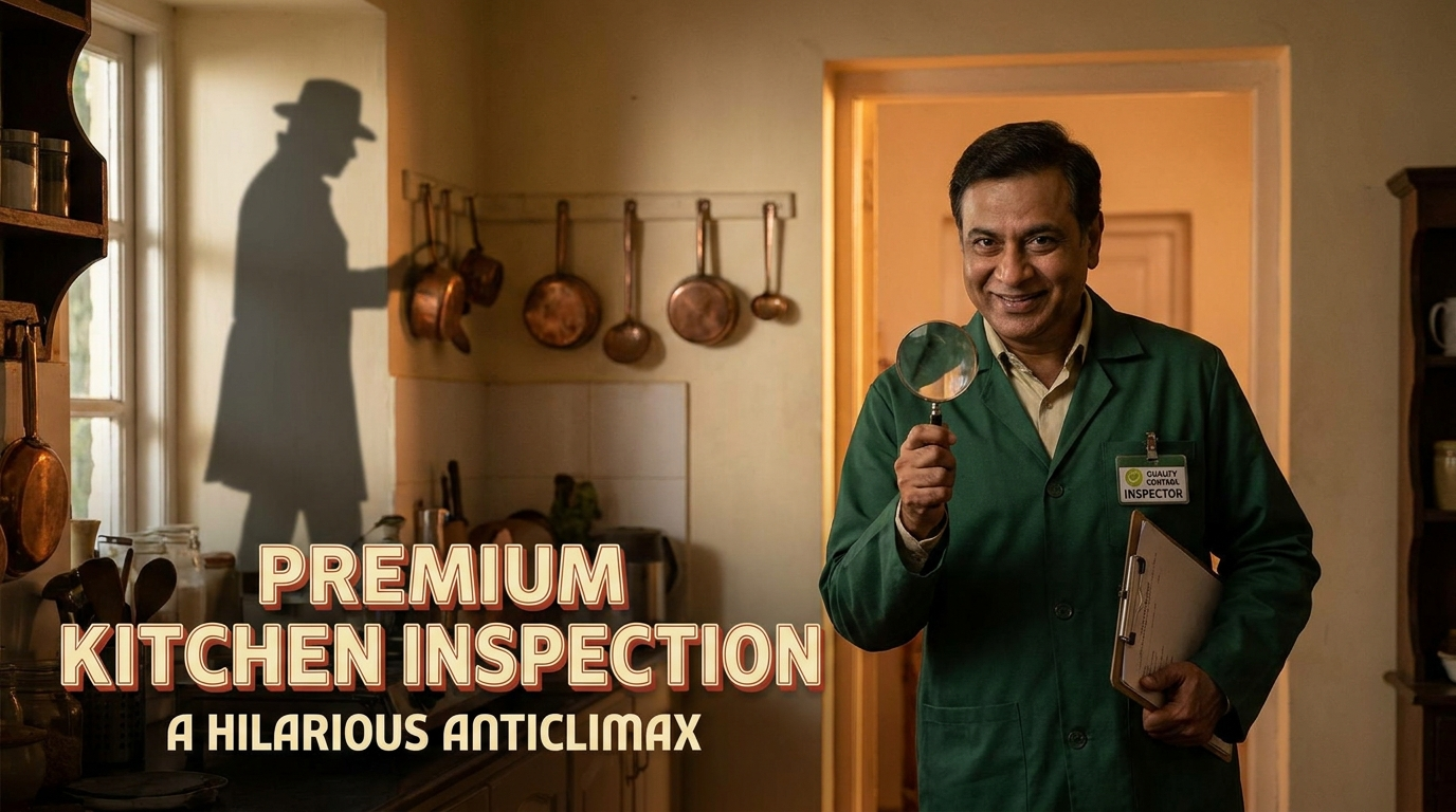 A horror-style looming shadow in a kitchen revealed to be a friendly inspector with a clipboard