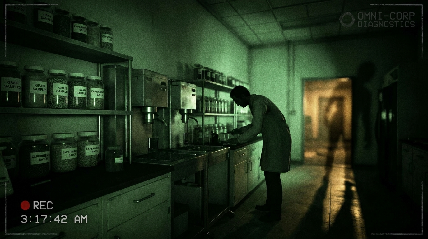 Night-vision found-footage style shot of a dark food lab with a lone figure