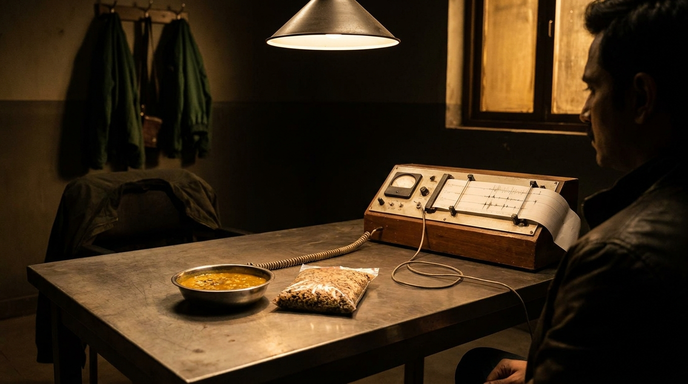 A bowl of dal wired to a polygraph lie-detector on an interrogation table