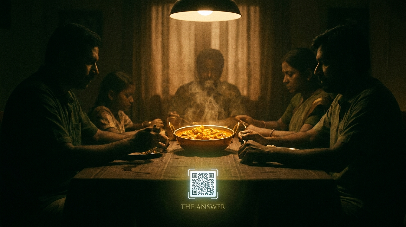 A dark dinner table with food under a single light and a glowing QR code in the shadows